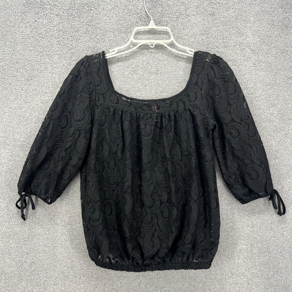 Eight Sixty Top Womens Medium Black Puff‎ Sleeve Floral Lace Square neck Blouse